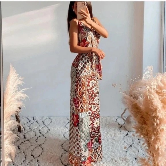 Zara Patchwork Printed Jumpsuit Multicoloured Size Medium Wide Leg Belted Satin - Picture 6 of 16